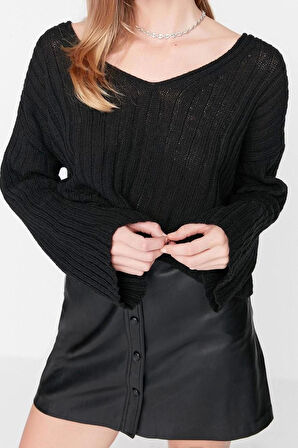 Kadın Moda Şık Crop V Yaka Uzun Kol Düz Yünlü Geniş Kalıp Crop Basic Triko Kazak