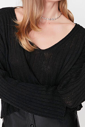 Kadın Moda Şık Crop V Yaka Uzun Kol Düz Yünlü Geniş Kalıp Crop Basic Triko Kazak