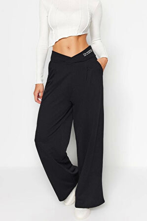 Kadın Yeni Moda Geniş Paça Uzun Boy Örme Baskı Detaylı Rahat Kesim Asimetrik Bel Örme Pantolon