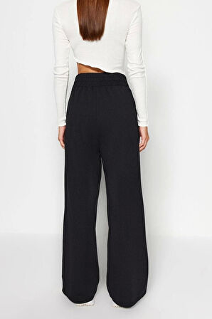 Kadın Yeni Moda Geniş Paça Uzun Boy Örme Baskı Detaylı Rahat Kesim Asimetrik Bel Örme Pantolon