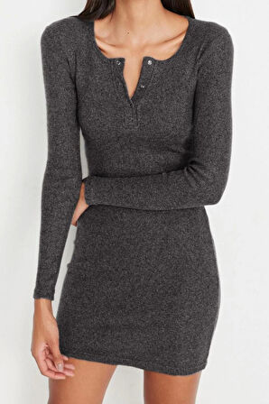 Yeni Slim Casual Günlük Rejenere Kaşkorse Örme Kare Yaka Uzun Kol Bodycone Mini Boy Elbise