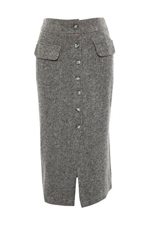 Kadın Moda Stil Midi Astarsız Dokuma Cep Detaylı Düğmeli Kaşe Kumaş Midi Dokuma Etek