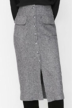 Kadın Moda Stil Midi Astarsız Dokuma Cep Detaylı Düğmeli Kaşe Kumaş Midi Dokuma Etek