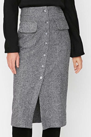 Kadın Moda Stil Midi Astarsız Dokuma Cep Detaylı Düğmeli Kaşe Kumaş Midi Dokuma Etek