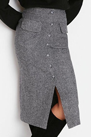 Kadın Moda Stil Midi Astarsız Dokuma Cep Detaylı Düğmeli Kaşe Kumaş Midi Dokuma Etek