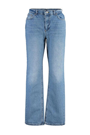 Kadın Moda Şık Kot Pantolon Geniş Paça Regular Boy Denim Mavi Düşük Bel Jeans