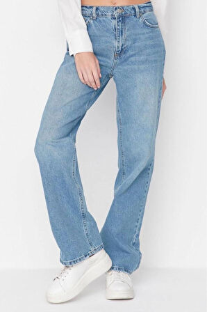 Kadın Moda Şık Kot Pantolon Geniş Paça Regular Boy Denim Mavi Düşük Bel Jeans