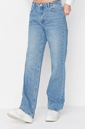 Kadın Moda Şık Kot Pantolon Geniş Paça Regular Boy Denim Mavi Düşük Bel Jeans