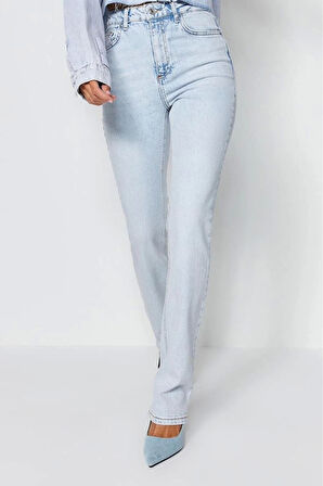 Kadın Moda Şık Kot Pantolon Boru Paça Regular Boy Denim Antrasit Yüksek Bel Jeans
