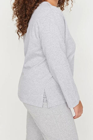 Büyük Beden Kadın Polyester Bisiklet Yaka Uzun Kol Paçaları Yırtmaçlı Örme Pijama Takımı