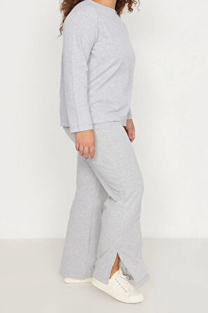 Büyük Beden Kadın Polyester Bisiklet Yaka Uzun Kol Paçaları Yırtmaçlı Örme Pijama Takımı