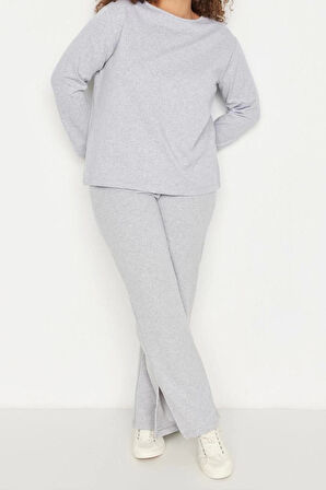 Büyük Beden Kadın Polyester Bisiklet Yaka Uzun Kol Paçaları Yırtmaçlı Örme Pijama Takımı