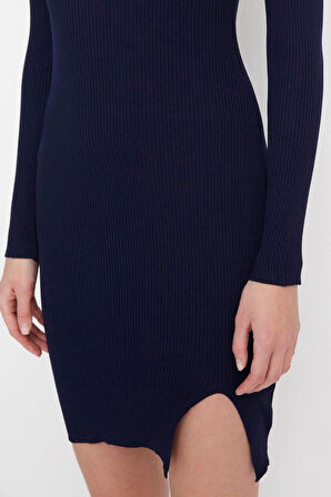 Yeni Slim Gündüz Gece Tek Plaka Triko Bisiklet Yaka Uzun Kol Bodycone Mini Boy Elbise