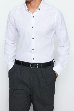 Moda Düğmeli Yaka Düz Uzun Kol Slim Fit Dokulu %100 Pamuklu Nefes Alabilen Gömlek