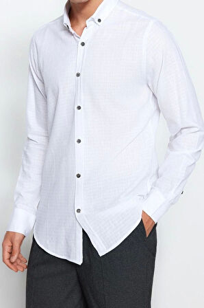 Moda Düğmeli Yaka Düz Uzun Kol Slim Fit Dokulu %100 Pamuklu Nefes Alabilen Gömlek