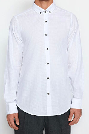 Moda Düğmeli Yaka Düz Uzun Kol Slim Fit Dokulu %100 Pamuklu Nefes Alabilen Gömlek