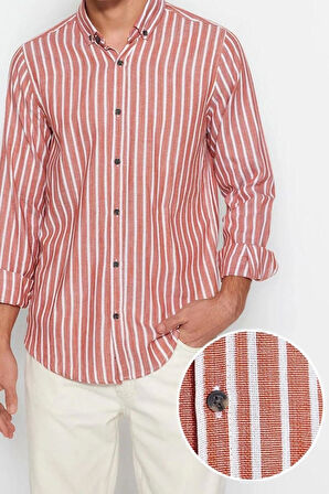 Moda Düğmeli Yaka Çizgili Uzun Kol Slim Fit Çizgili Pamuklu Gömlek