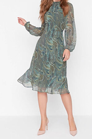 Yeni Regular Gündüz Gece Şifon Dokuma Dik Yaka Uzun Kol A-Line Midi Boy Elbise