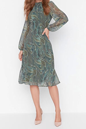 Yeni Regular Gündüz Gece Şifon Dokuma Dik Yaka Uzun Kol A-Line Midi Boy Elbise