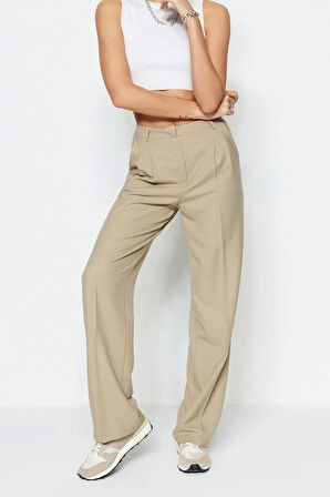 Kadın Yeni Moda Boru Paça Uzun Boy Dokuma Limited Edition Düz Kesim Pilili Pantolon