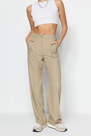 Kadın Yeni Moda Boru Paça Uzun Boy Dokuma Limited Edition Düz Kesim Pilili Pantolon