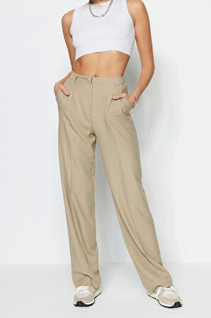 Kadın Yeni Moda Boru Paça Uzun Boy Dokuma Limited Edition Düz Kesim Pilili Pantolon