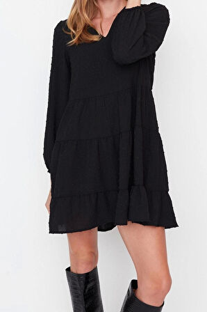 Yeni Rahat Casual Günlük Aerobin Dokuma V Yaka Uzun Kol Shift Mini Boy Elbise