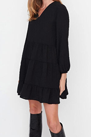 Yeni Rahat Casual Günlük Aerobin Dokuma V Yaka Uzun Kol Shift Mini Boy Elbise