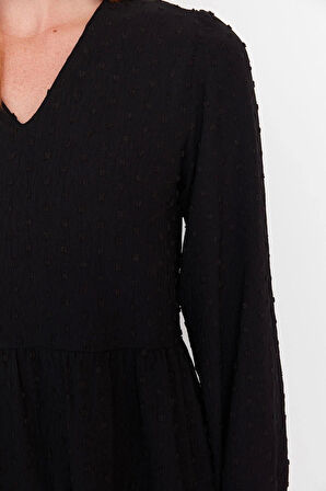 Yeni Rahat Casual Günlük Aerobin Dokuma V Yaka Uzun Kol Shift Mini Boy Elbise