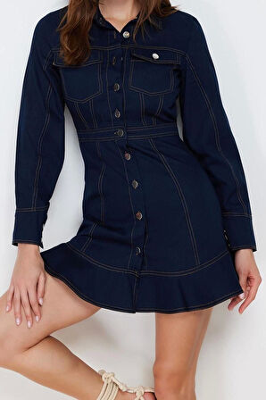 Yeni Fit Gündüz Gece Gabardin Dokuma Gömlek Yaka Uzun Kol Gömlek Elbise Mini Boy Elbise