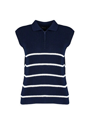 Kadın Moda Şık Polo Yaka Standart Kol Regular Fermuarlı Çizgili Triko Süveter