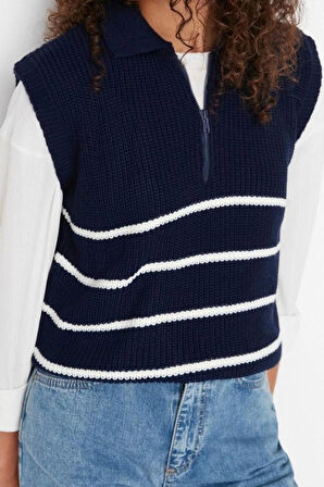 Kadın Moda Şık Polo Yaka Standart Kol Regular Fermuarlı Çizgili Triko Süveter