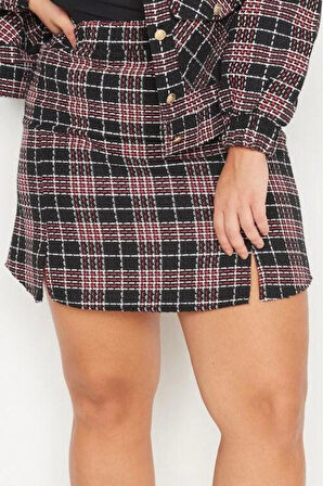 Kadın Moda Stil Mini Astarsız Dokuma Büyük Beden Ekose Desenli Tüvit Etek