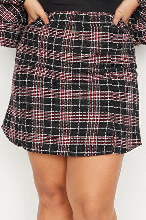 Kadın Moda Stil Mini Astarsız Dokuma Büyük Beden Ekose Desenli Tüvit Etek