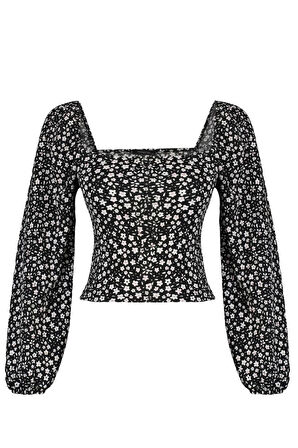 Kadın Crop Balon Kol Regular Kalıp Örme Puantiyeli Fitted Vücuda Oturan Bürümcük Dokulu Bluz
