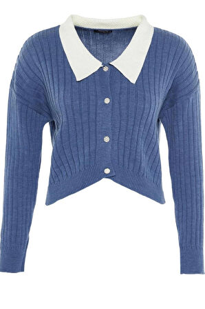 Kadın Büyük Beden Moda Şık Regular Gömlek Yaka Uzun Kol Düz Triko Hırka