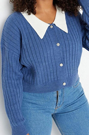 Kadın Büyük Beden Moda Şık Regular Gömlek Yaka Uzun Kol Düz Triko Hırka