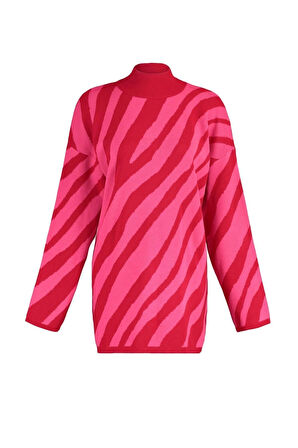 Kadın Moda Şık Tesettür Dik Yaka Düşük Kol Regular Pembe Animal Çizgi Desenli Triko Kazak