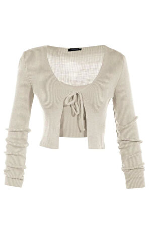 Kadın Moda Şık Crop V Yaka Uzun Kol Düz Crop Bağlama Detaylı Bluz-Hırka Triko Takım Triko Hırka