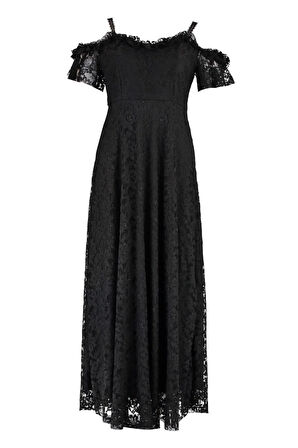 Yeni Rahat Şık Abiye Gece Dantel Dokuma Carmen Yaka Askılı Kol A-Line Maxi Boy Büyük Beden Elbise