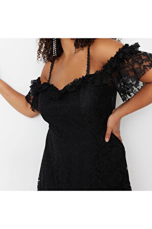 Yeni Rahat Şık Abiye Gece Dantel Dokuma Carmen Yaka Askılı Kol A-Line Maxi Boy Büyük Beden Elbise