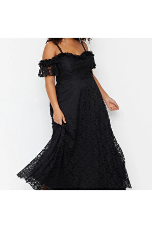 Yeni Rahat Şık Abiye Gece Dantel Dokuma Carmen Yaka Askılı Kol A-Line Maxi Boy Büyük Beden Elbise