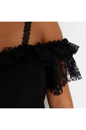 Yeni Rahat Şık Abiye Gece Dantel Dokuma Carmen Yaka Askılı Kol A-Line Maxi Boy Büyük Beden Elbise