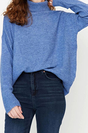 Kadın Moda Şık Regular Dik Yaka Uzun Kol Düz Geniş Kalıp Yumuşak Dokulu Triko Kazak