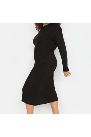 Yeni Fit Casual Günlük Fitilli Triko Polo Yaka Uzun Kol Bodycone Midi Boy Büyük Beden Elbise
