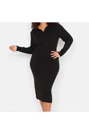 Yeni Fit Casual Günlük Fitilli Triko Polo Yaka Uzun Kol Bodycone Midi Boy Büyük Beden Elbise