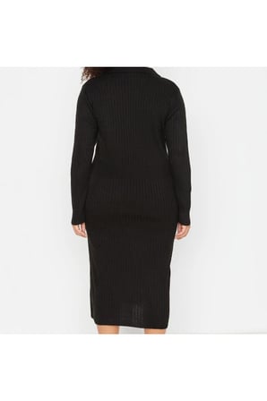Yeni Fit Casual Günlük Fitilli Triko Polo Yaka Uzun Kol Bodycone Midi Boy Büyük Beden Elbise
