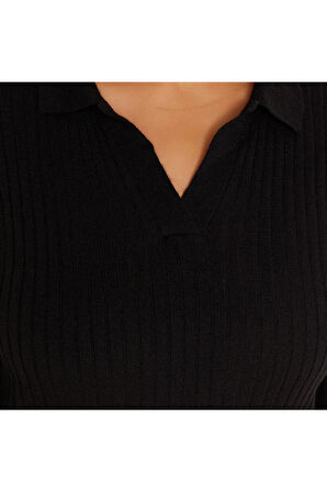 Yeni Fit Casual Günlük Fitilli Triko Polo Yaka Uzun Kol Bodycone Midi Boy Büyük Beden Elbise