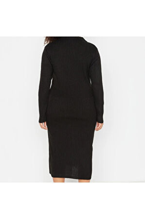 Yeni Fit Casual Günlük Fitilli Triko Polo Yaka Uzun Kol Bodycone Midi Boy Büyük Beden Elbise