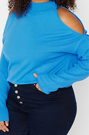 Kadın Büyük Beden Moda Şık Regular Dik Yaka Uzun Kol Düz Cut Out Detaylı Triko Kazak